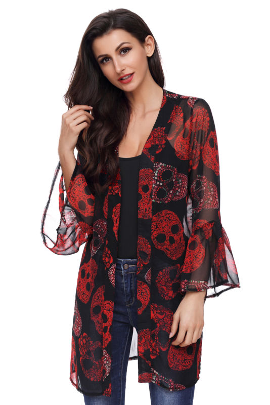 Womens Skull Print Chiffon Kimono Coat Flare Sleeve Summer Beach Casual Cardigan