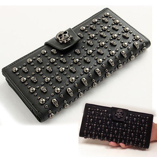 Women's Skull Rivet Long Zippy Purse Card Holder Leather Clutch Steampunk Wallet