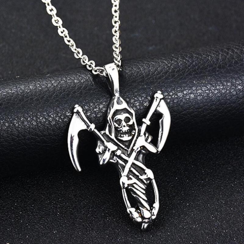 Men's Large Grim Reaper Skull Stainless Steel Biker Pendant Free Chain Necklace