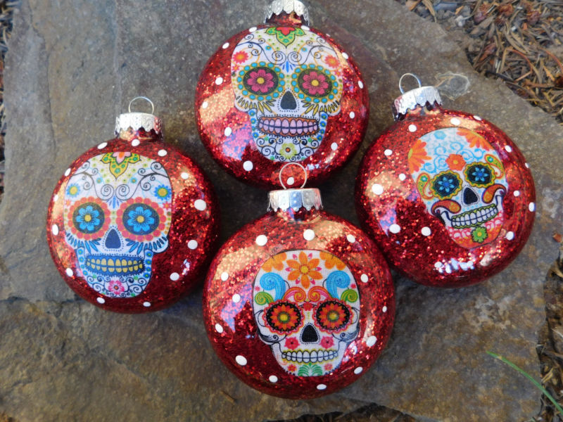 Sugar Skulls Decorated Glass Christmas Ornaments - Set of 4