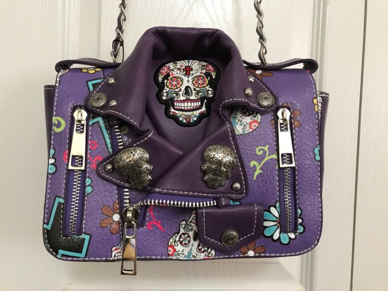 Cowgirl Trendy SUGAR SKULL MOTORCYCLE JACKET HANDBAG w/Flap & Chain Strap PURPLE