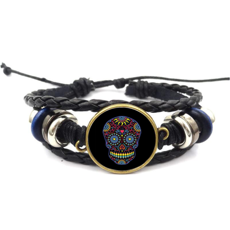 Black Sugar Skull Neon Glass Cabochon Bracelets.