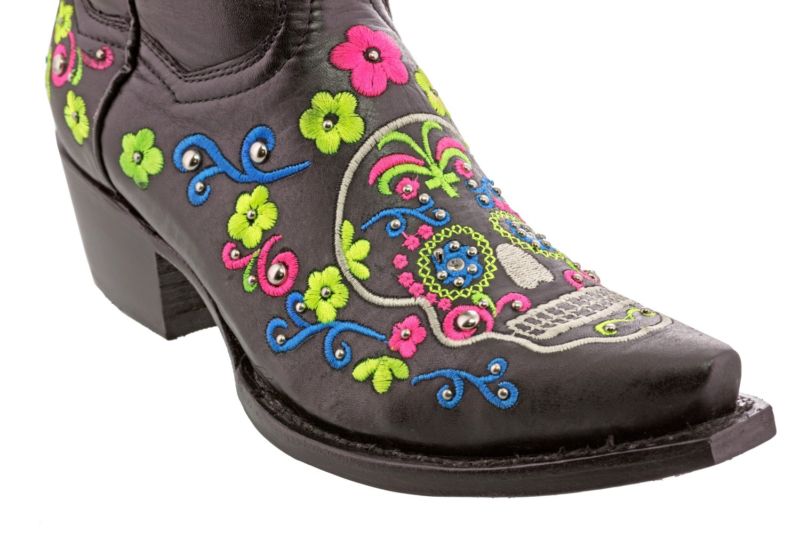 Womens Black Sugar Skull Halloween Leather Boots Western Cowgirl Style Snip Toe