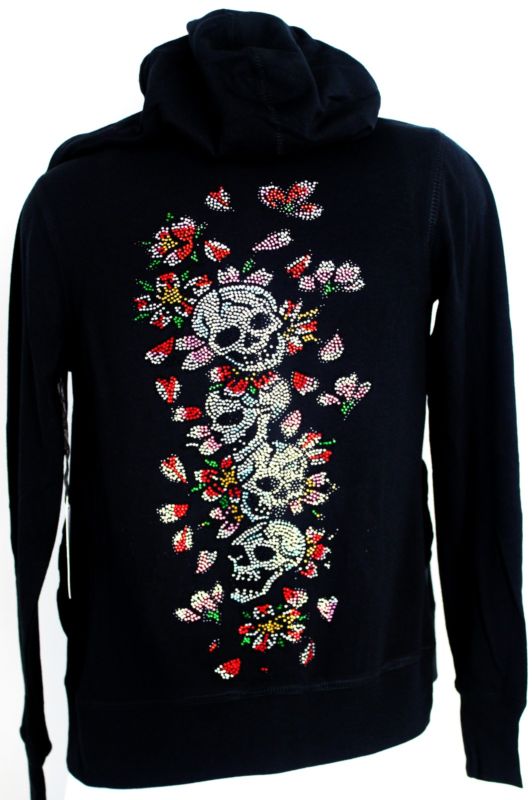 JUNIOR LIGHT HOODIE SKULLS BONES RHINESTONE TOP SKULL NEW S - 2XL