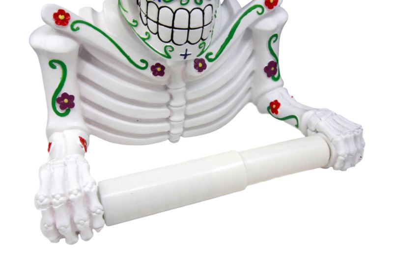 White Day Of The Dead Sugar Skull Floral Skeleton Bathroom Toilet Paper Holder