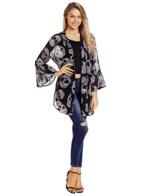 Womens Skull Print Chiffon Kimono Coat Flare Sleeve Summer Beach Casual Cardigan