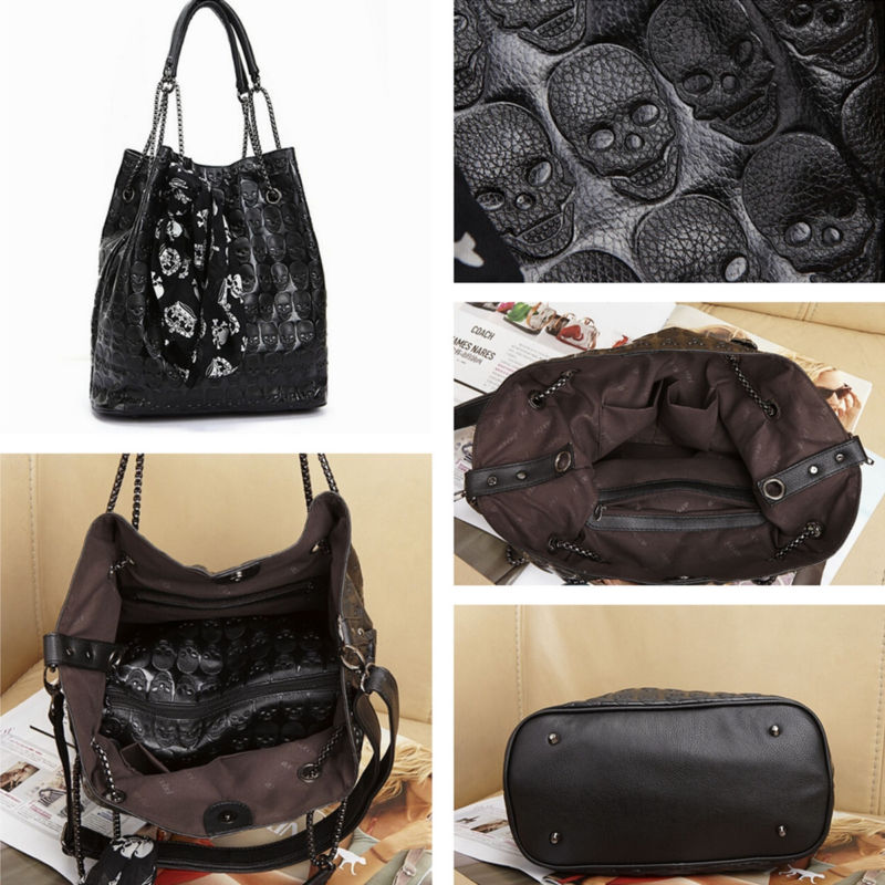 2Pcs Women Skull Handbag Shoulder Tote Purse Leather Crossbody Makeup Bag Set