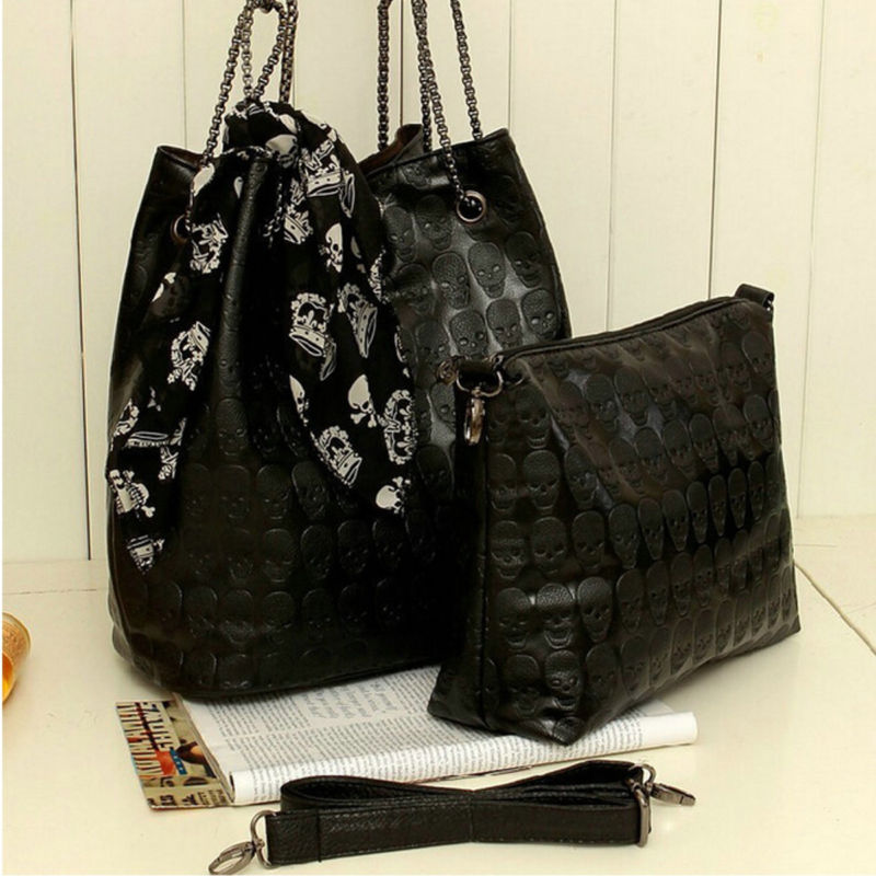 2Pcs Women Skull Handbag Shoulder Tote Purse Leather Crossbody Makeup Bag Set