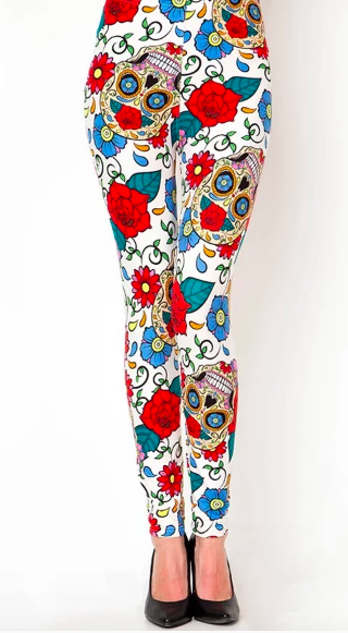 Women's Sugar Skull Day of Sharon Rose Print Soft White Leggings One Size 2-12