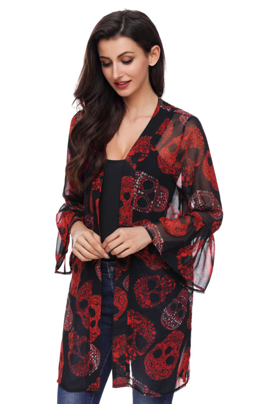 Womens Skull Print Chiffon Kimono Coat Flare Sleeve Summer Beach Casual Cardigan