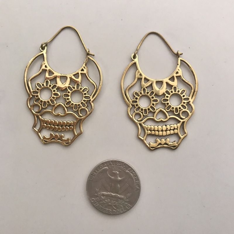 Sugar Skull Hoop Earrings in Brass
