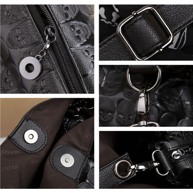 2Pcs Women Skull Handbag Shoulder Tote Purse Leather Crossbody Makeup Bag Set