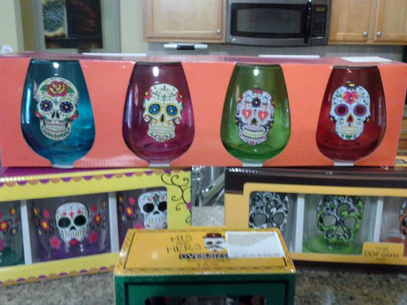 Sugar Skulls Day Of The Dead Party Set Wine, His & Hers Shot Glasses & Lantern
