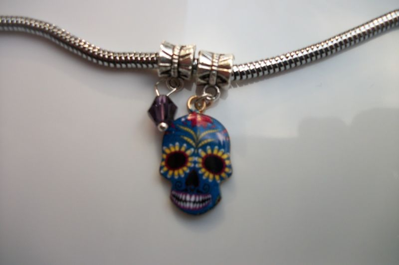 19" SUGAR SKULL CHARM NECKLACE, DAY OF THE DEAD SKULL NECKLACE, Snake Chain, NEW