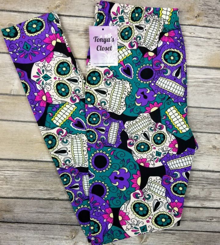 Sugar Skull Leggings Purple Teal Pink Skeleton Printed ONE SIZE OS 2-10