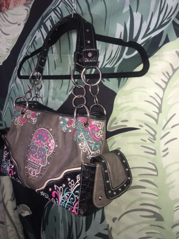 Sugar Skull Pink Blue Embellished Studded Rhinestone Purse Shoulder Bag Handbag
