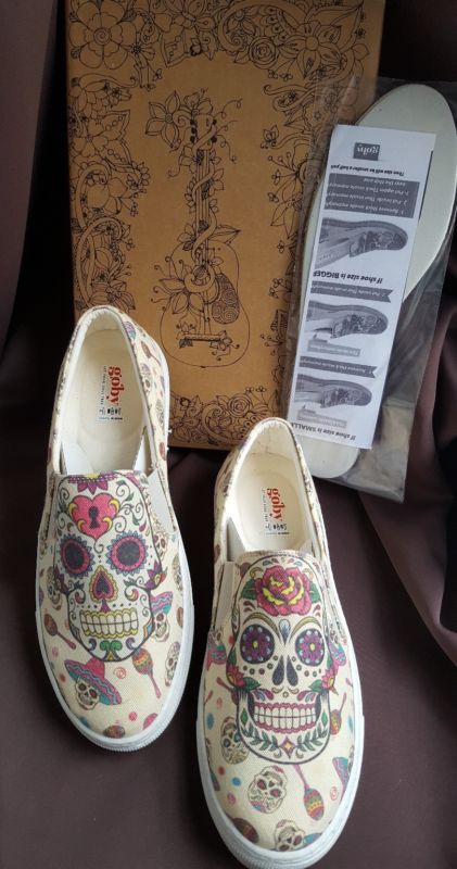NEW GOBY SUGAR SKULL FLORAL SLIP-ON SNEAKER TENNIS SHOES BEIGE