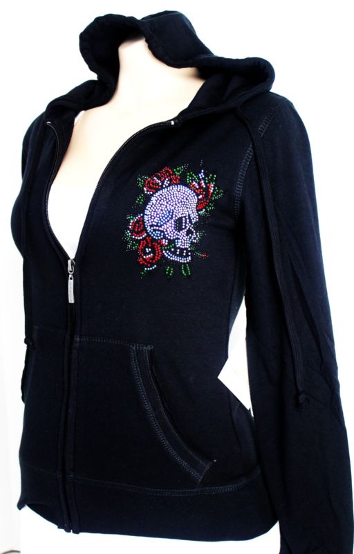 JUNIOR LIGHT HOODIE SKULLS BONES RHINESTONE TOP SKULL NEW S - 2XL