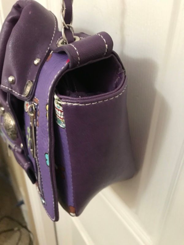 Cowgirl Trendy SUGAR SKULL MOTORCYCLE JACKET HANDBAG w/Flap & Chain Strap PURPLE