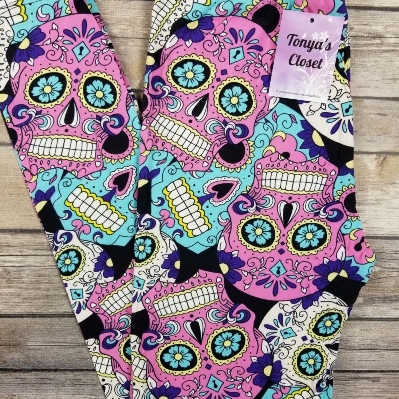 Sugar Skull Leggings Pink Purple Blue Skeleton Print Butter Soft ONE SIZE OS