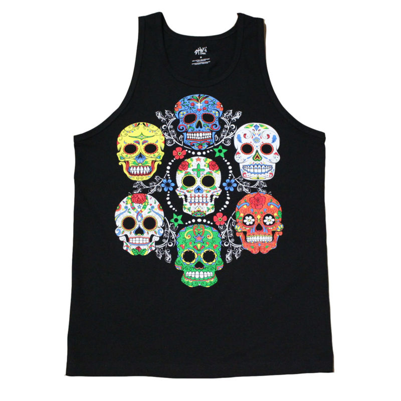 Colorful Sugar Skulls Graphic Men's Tank Top Shirt Black