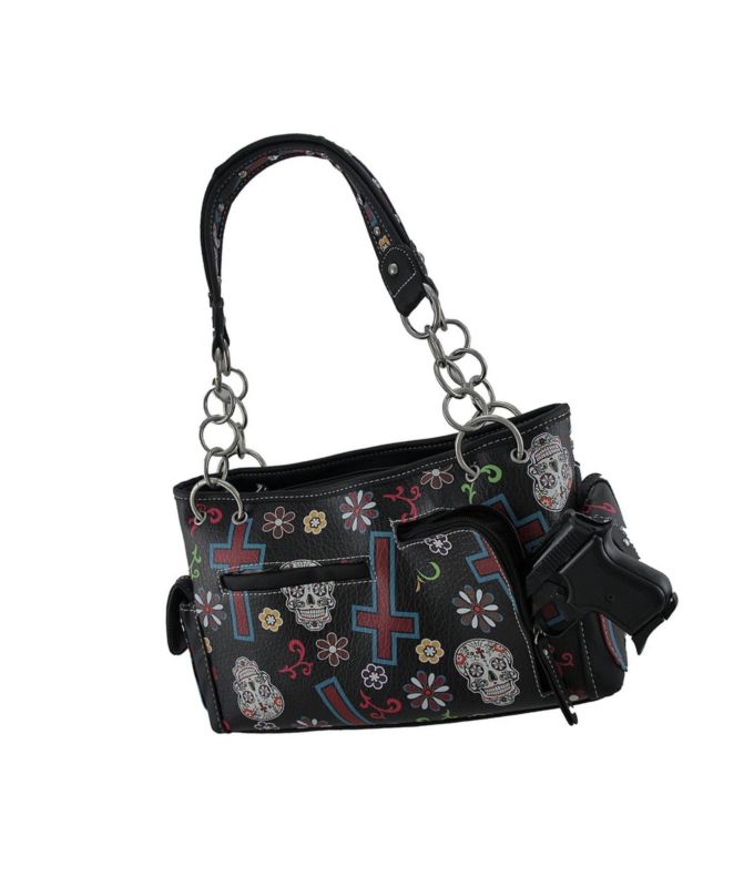 Sugar Skull Purse with Concealed Carry Pocket Day of The Dead Handbag Black