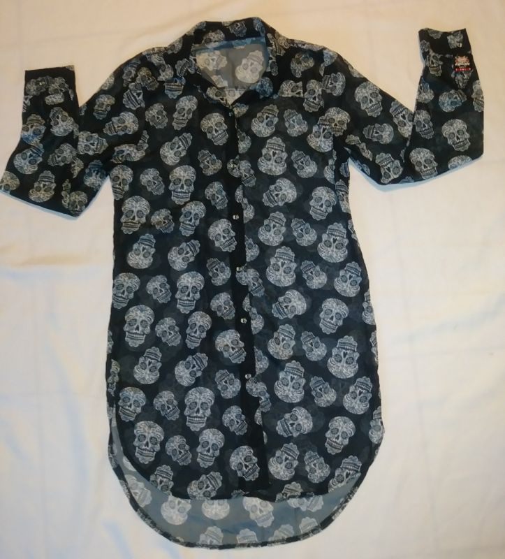 Women's Long Sleeve Sugar Skull Sheer Long Blouse Size S/M