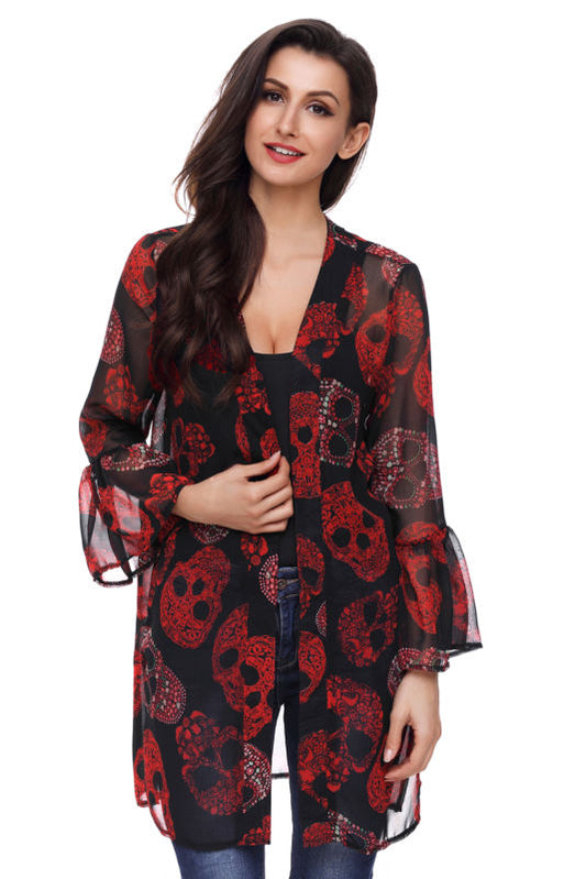 Womens Skull Print Chiffon Kimono Coat Flare Sleeve Summer Beach Casual Cardigan
