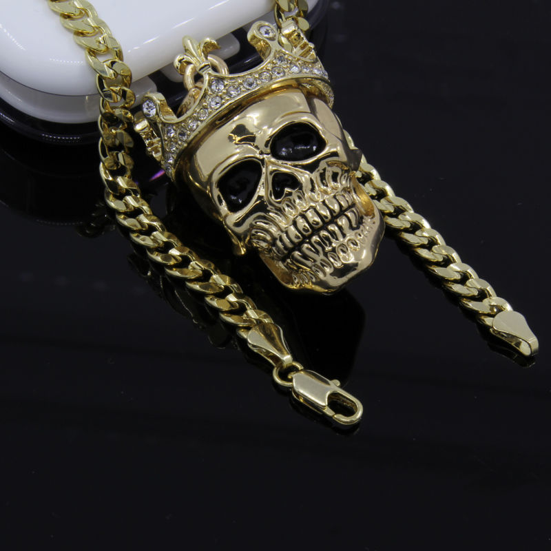Men's Gold Plated King Head Skull Pendant 24" Cuban Chain Hip-Hop Necklace