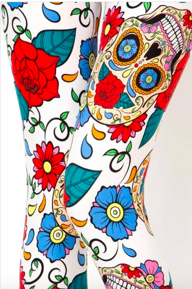 Women's Sugar Skull Day of Sharon Rose Print Soft White Leggings One Size 2-12