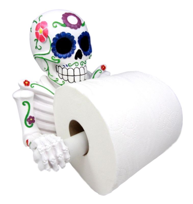 White Day Of The Dead Sugar Skull Floral Skeleton Bathroom Toilet Paper Holder