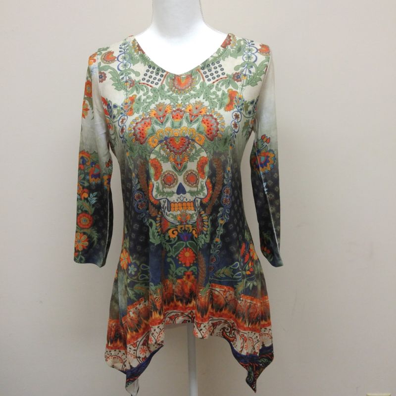 One World Day of the Dead Sugar Skull 3/4 Sleeve Blouse Top