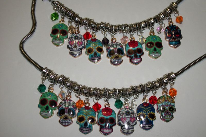 19" SUGAR SKULL CHARM NECKLACE, DAY OF THE DEAD SKULL NECKLACE, Snake Chain, NEW
