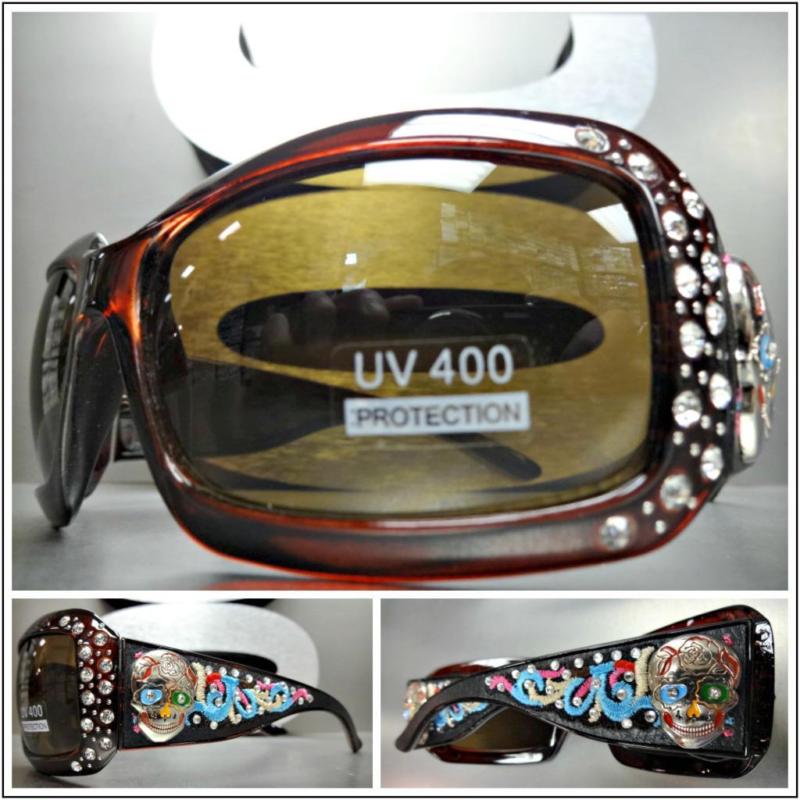 Women's WESTERN Bling COWGIRL SUN GLASSES Brown Frame & Lens Sugar Skull Concho