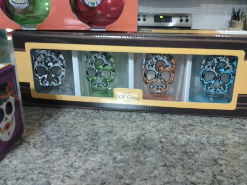 Sugar Skulls Day Of The Dead Party Set Wine, His & Hers Shot Glasses & Lantern