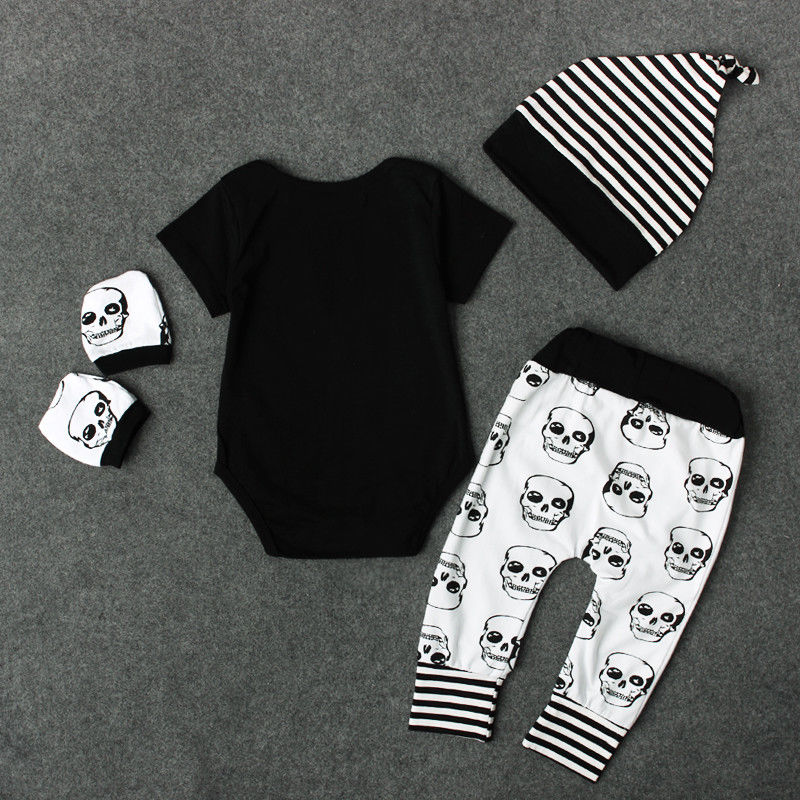 Newborn Infant Kids Baby Boy Skull Outfits Clothes Tops+Long Pants Hat 4pcs Set