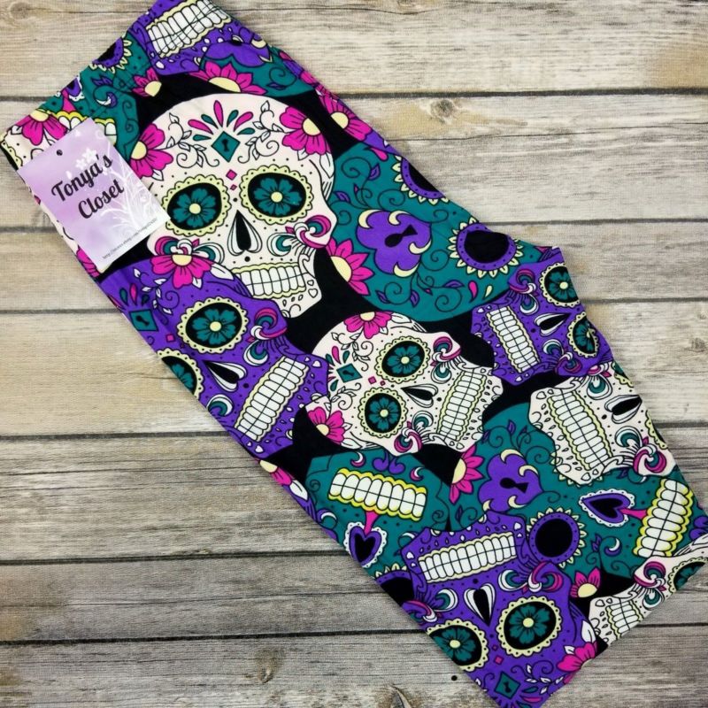 Sugar Skull Leggings Purple Teal Pink Skeleton Printed ONE SIZE OS 2-10