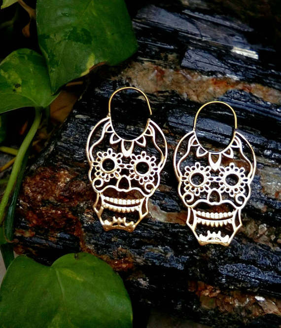 SKULL HANDMADE TRIBAL BRASS BOHO HOOP GYPSY EARRINGS GAUGES GIRLS