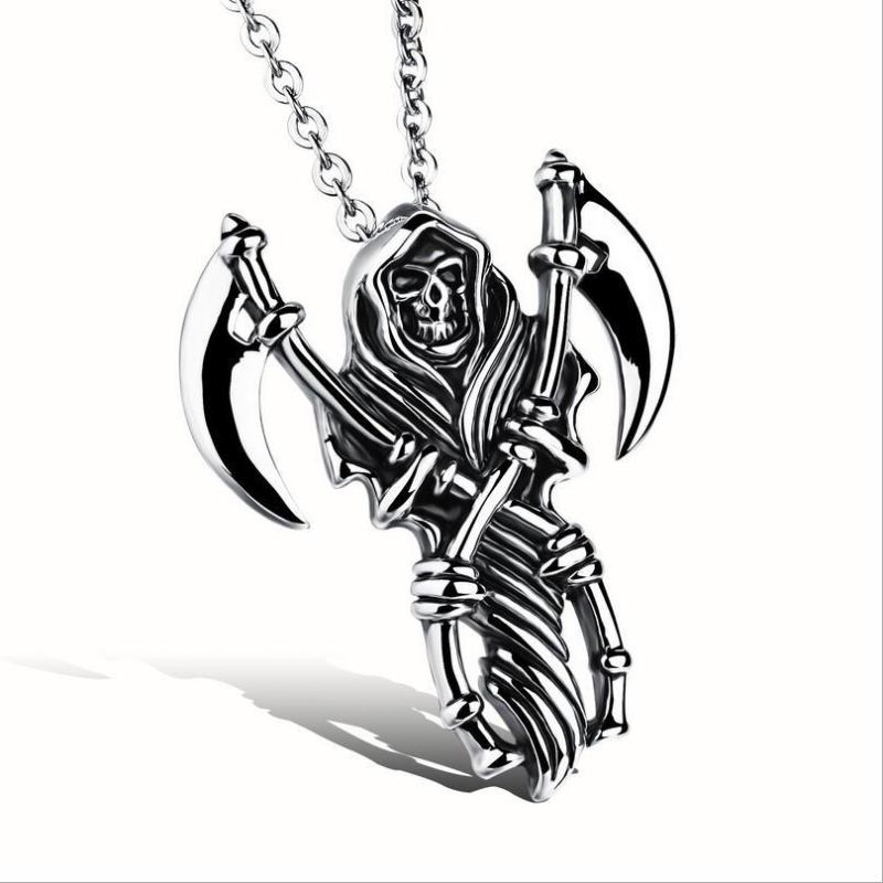 Men's Large Grim Reaper Skull Stainless Steel Biker Pendant Free Chain Necklace