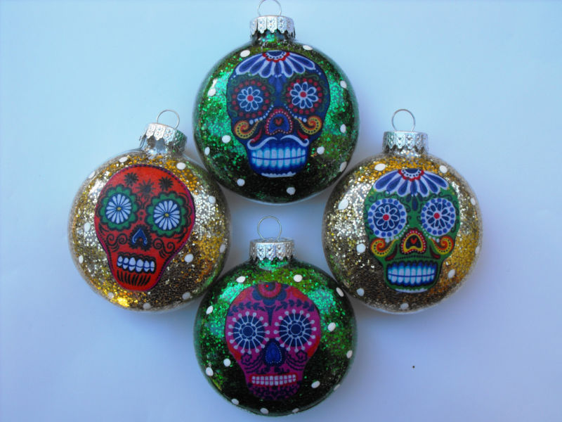 Sugar Skulls Decorated Glass Christmas Ornaments - Set of 4