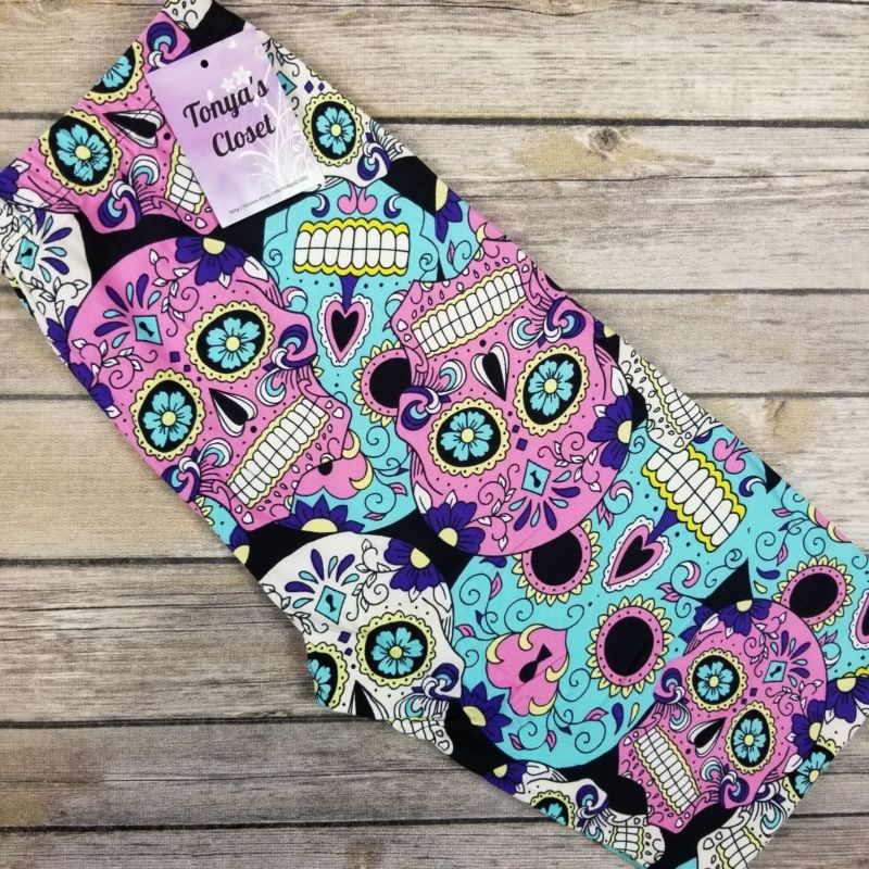 Sugar Skull Leggings Pink Purple Blue Skeleton Print Butter Soft ONE SIZE OS