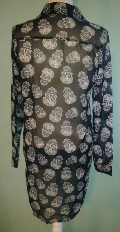 Women's Long Sleeve Sugar Skull Sheer Long Blouse Size S/M