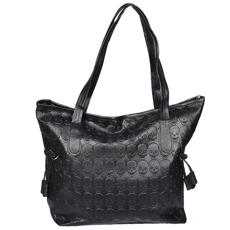 Gothic Skull Embossed Black Synthetic Leather Shoulder Bag Women Mens Handbag