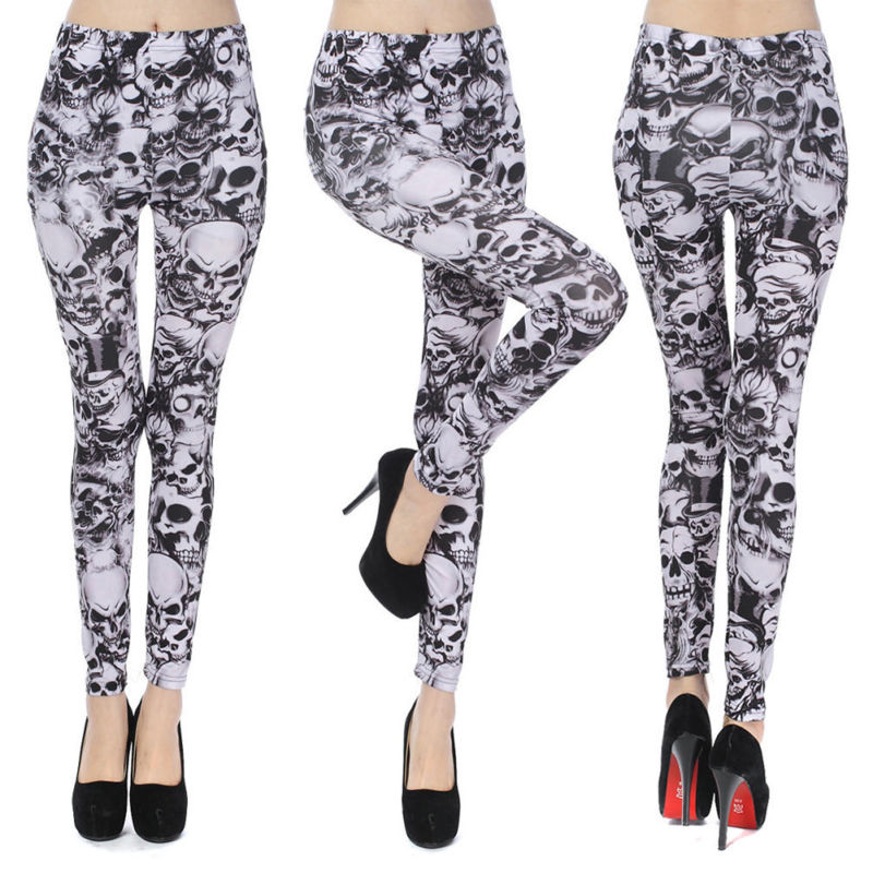 Sugar Skull Print Leggings Slim Stretchy Trousers Women's Skinny Pants Gracious