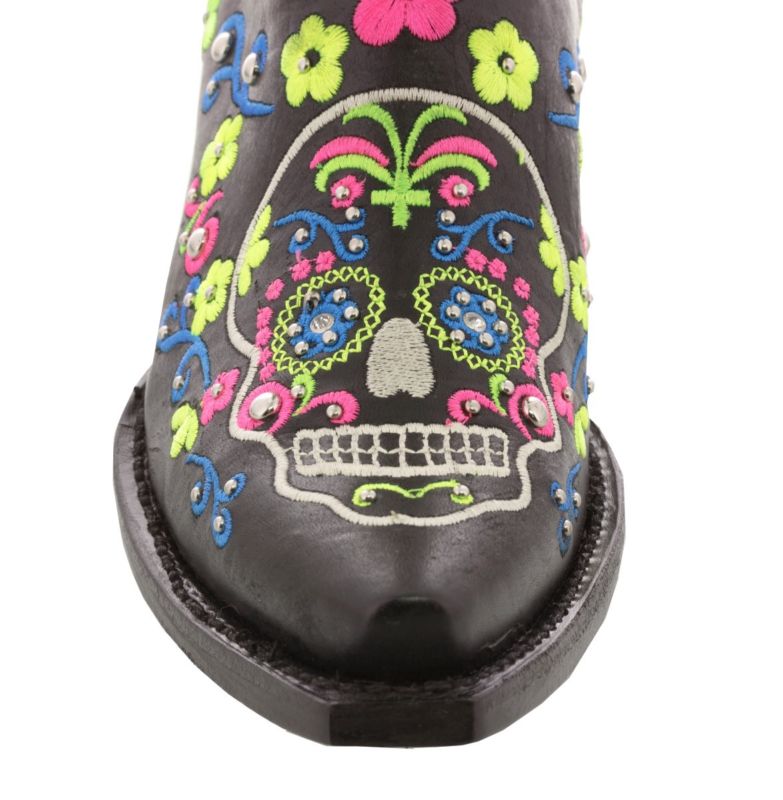 Womens Black Sugar Skull Halloween Leather Boots Western Cowgirl Style Snip Toe