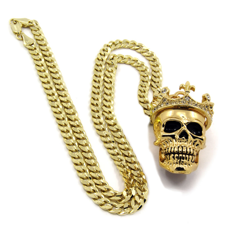 Men's Gold Plated King Head Skull Pendant 24" Cuban Chain Hip-Hop Necklace