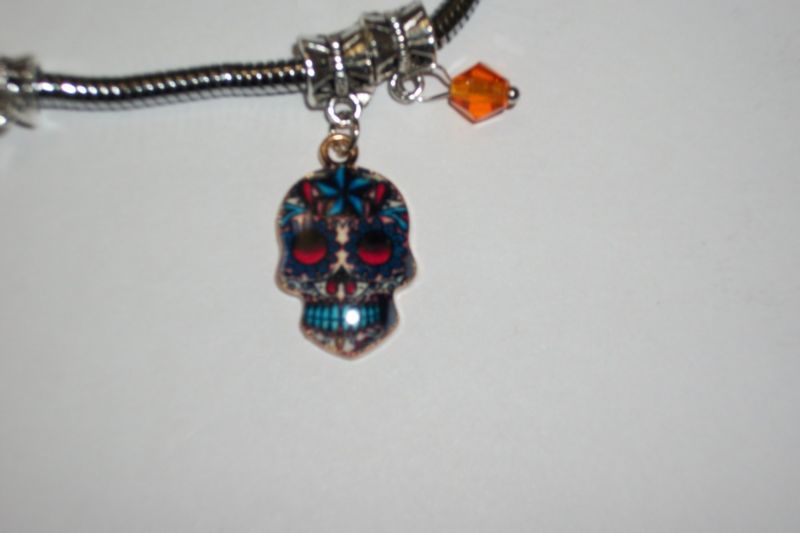 19" SUGAR SKULL CHARM NECKLACE, DAY OF THE DEAD SKULL NECKLACE, Snake Chain, NEW