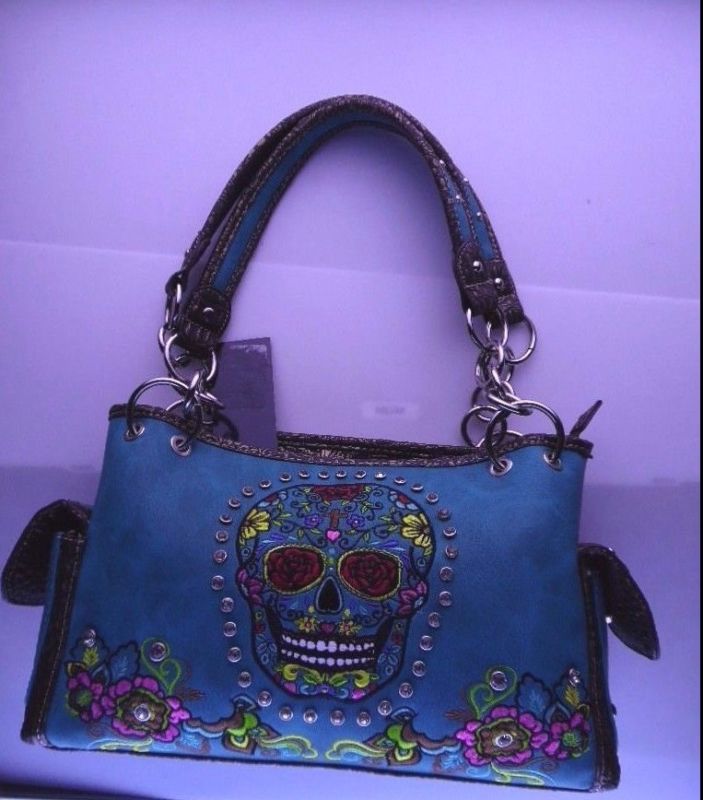 Turquoise Sugar Skull Bling Faux Leather Concealed Weapon Purse