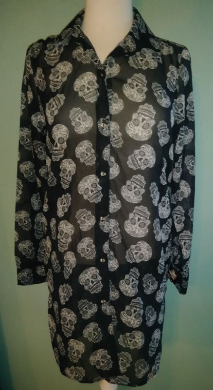 Women's Long Sleeve Sugar Skull Sheer Long Blouse Size S/M