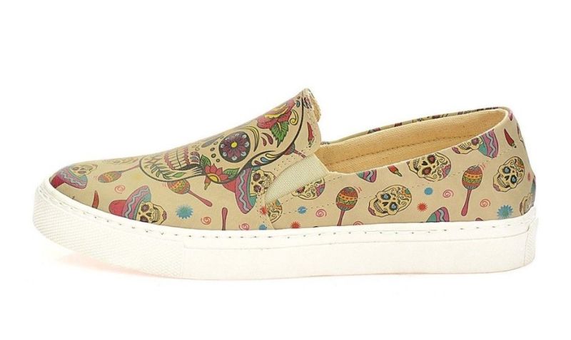 NEW GOBY SUGAR SKULL FLORAL SLIP-ON SNEAKER TENNIS SHOES BEIGE